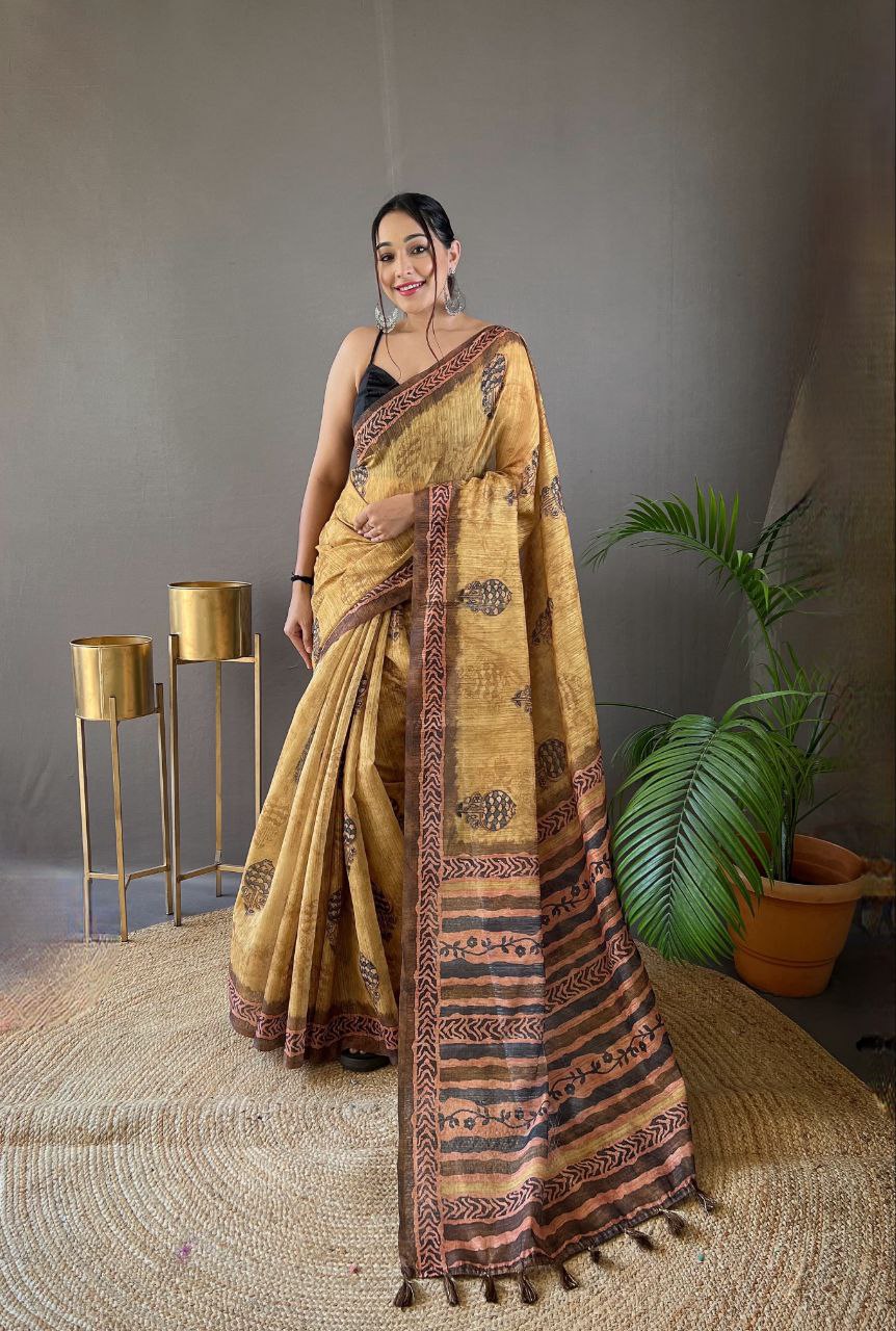 Sandy Brown Cotton Tussar Silk Saree
