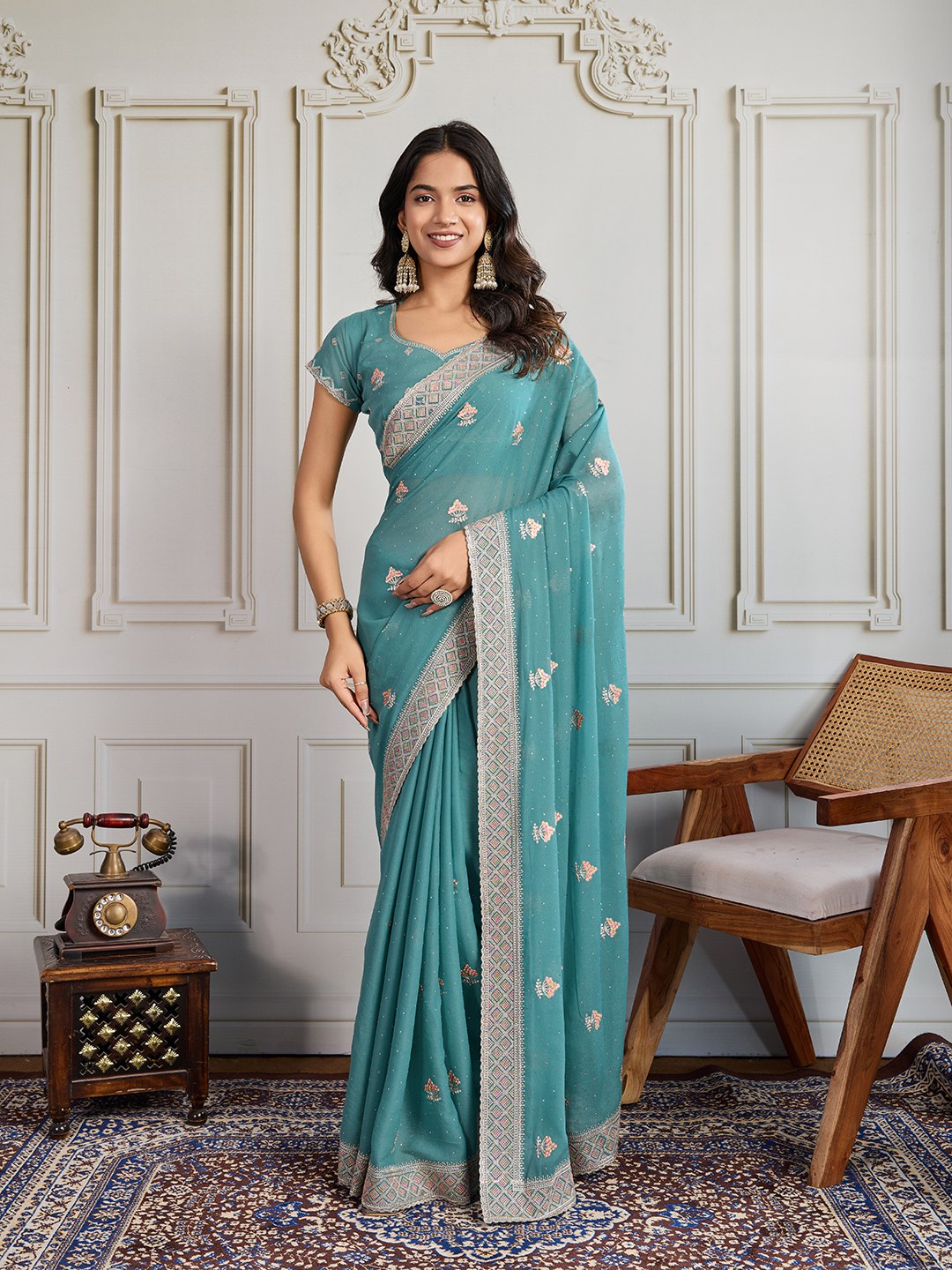Sea Blue Party Wear Georgette Saree