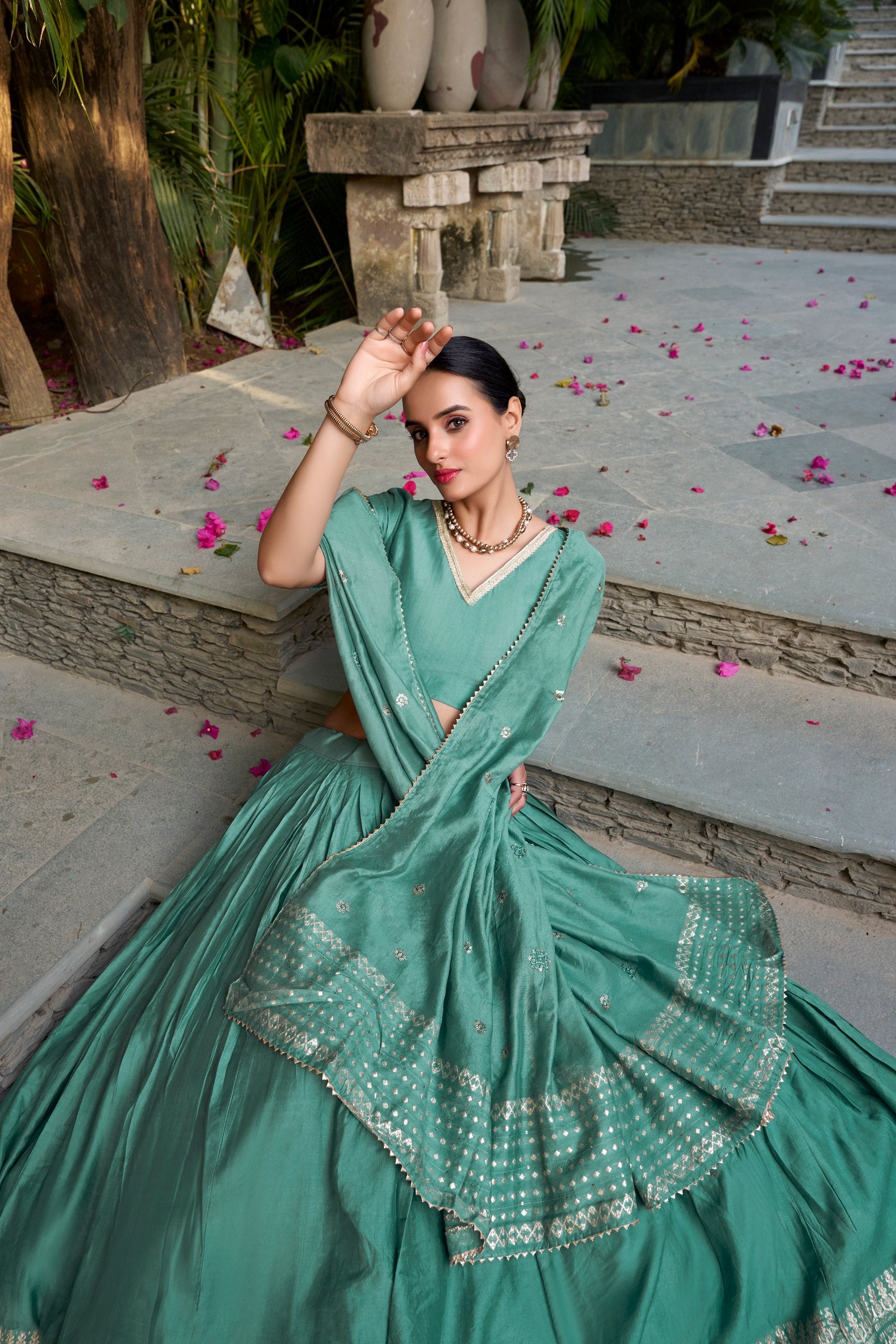 Sea Green Traditional Pure Chanderi Lehenga