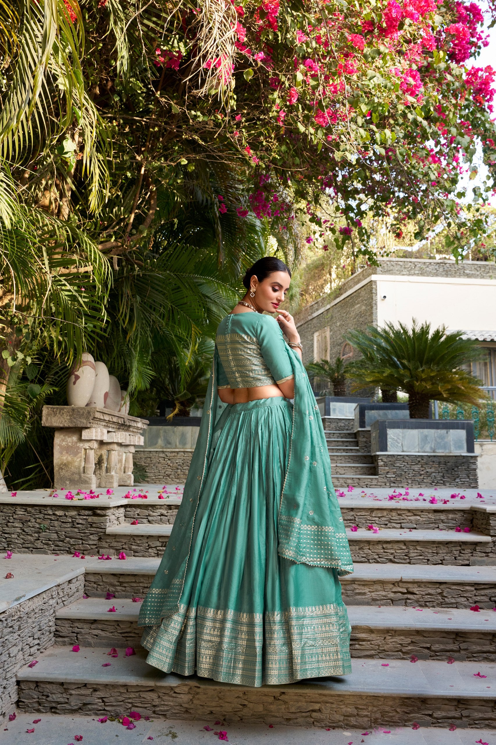 Sea Green Traditional Pure Chanderi Lehenga