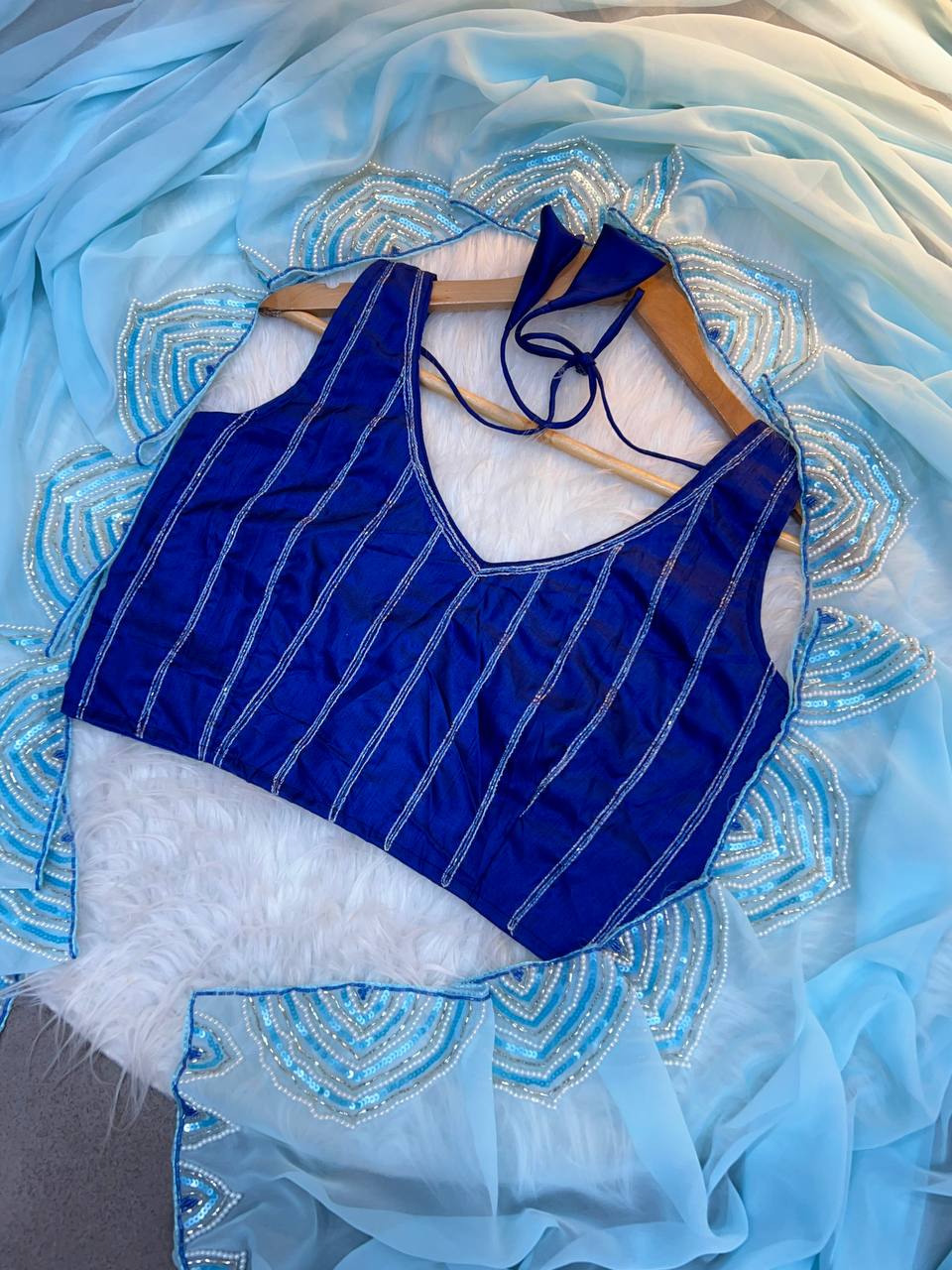 Sky Blue Color Designer Georgette Wedding Saree