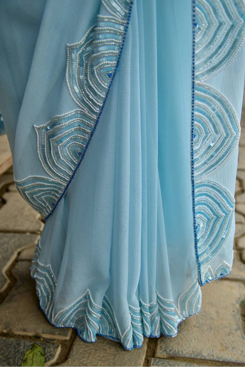Sky Blue Color Designer Georgette Wedding Saree