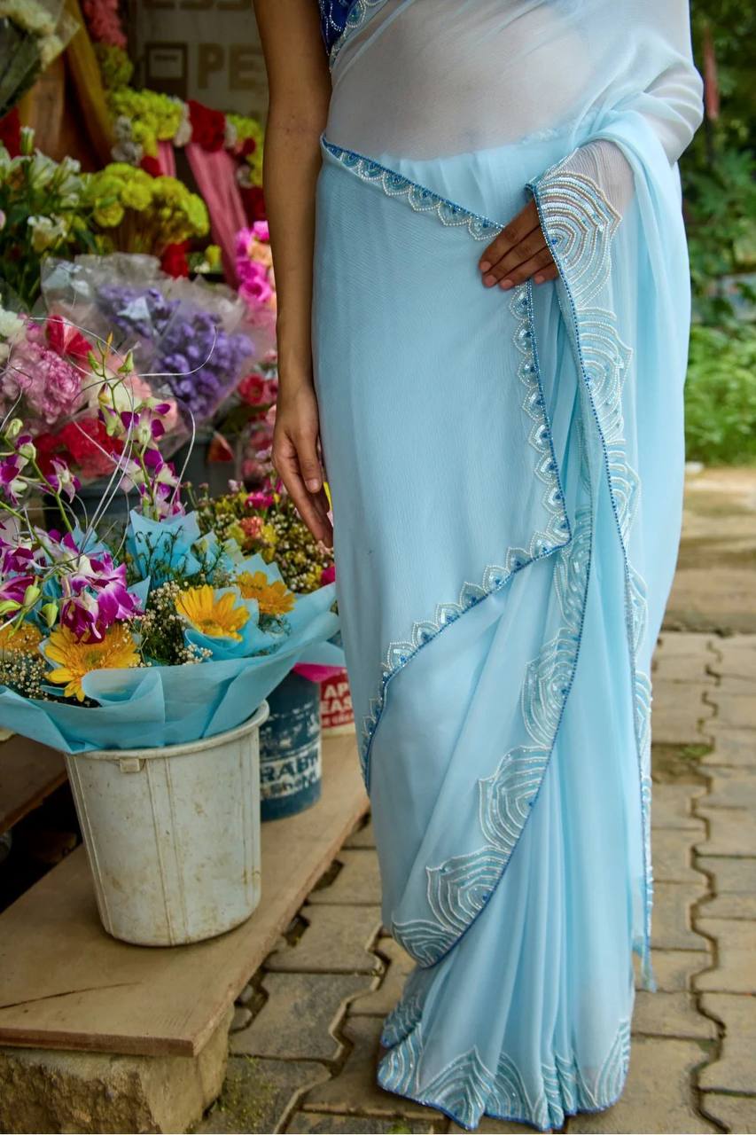 Sky Blue Color Designer Georgette Wedding Saree