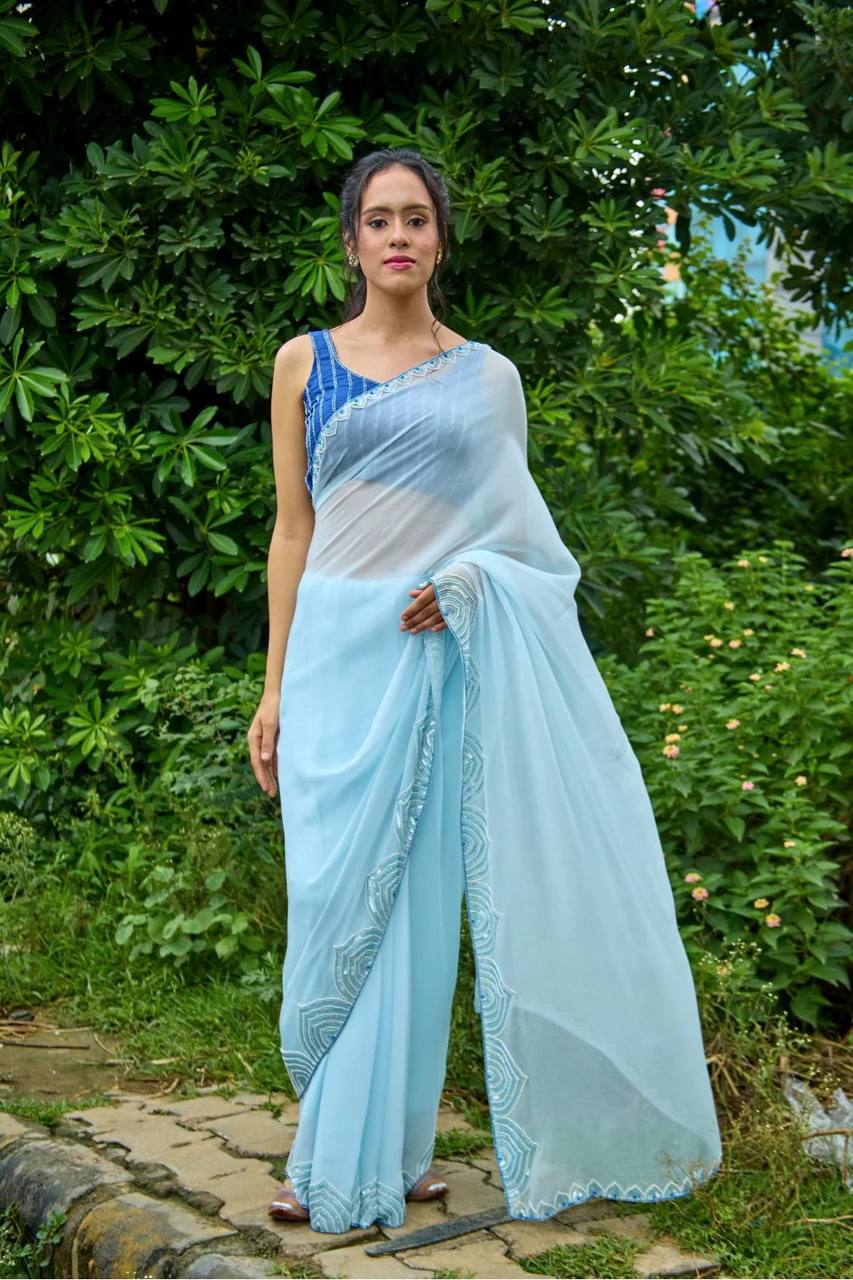 Sky Blue Designer Georgette  Saree, Rani Pink color Sky Blue Designer Georgette  sari for women, Sky Blue Designer Georgette  saree for wedding, Saree, Saree for women, Saris, Sari for women, Sarees for women, Party wear sarees for women, Wedding wear saree for women, Bollywood saree for women, Heavy saree for women, Sarees for wedding