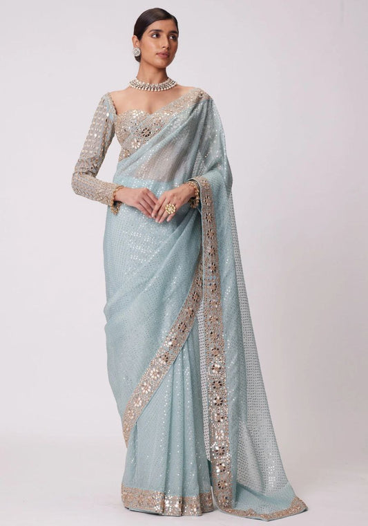 Sky Blue Designer Party Wear Georgette Saree | Replica Design