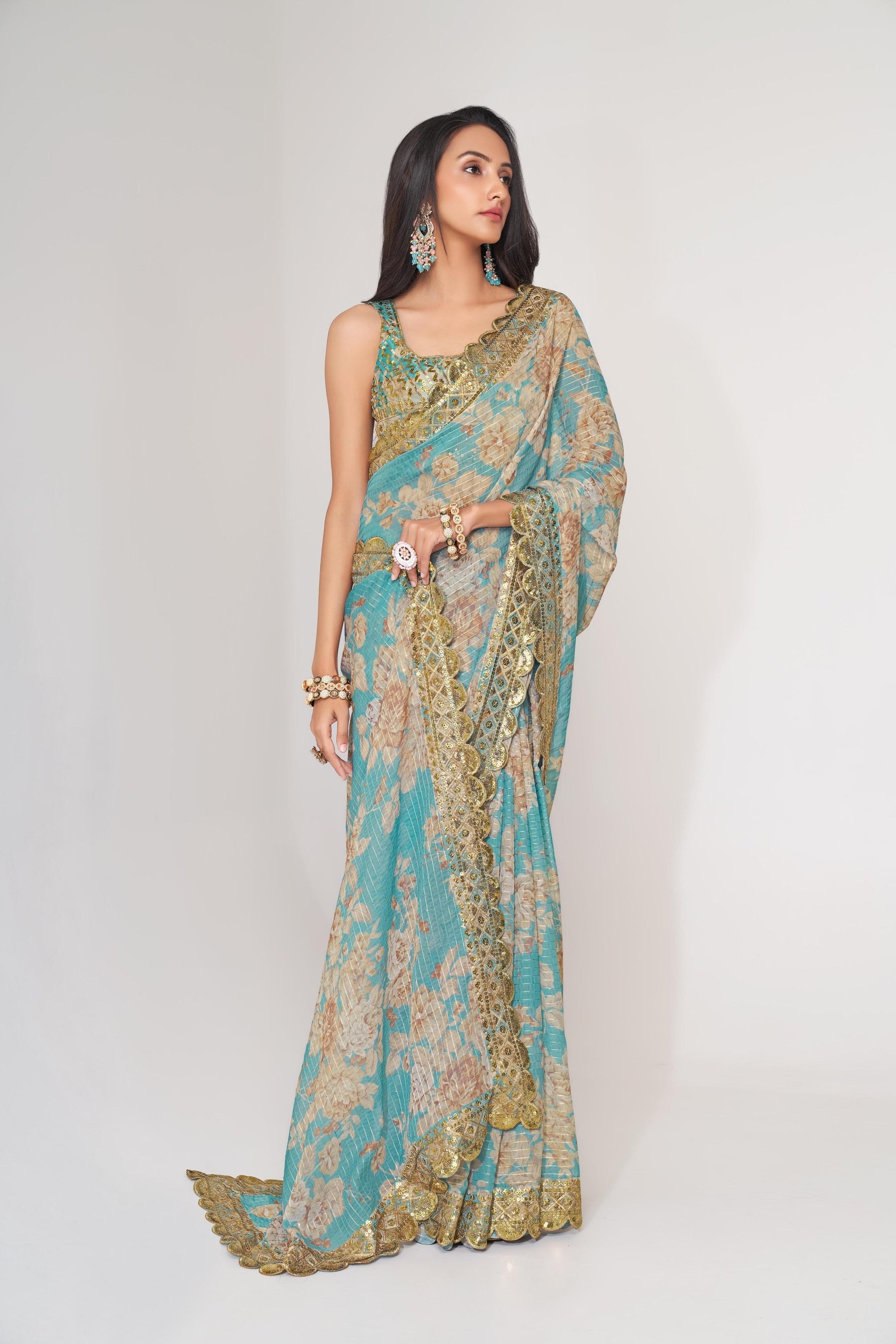 Sky Blue Floral Printed Organza Saree With Blouse | 100% Original Saree