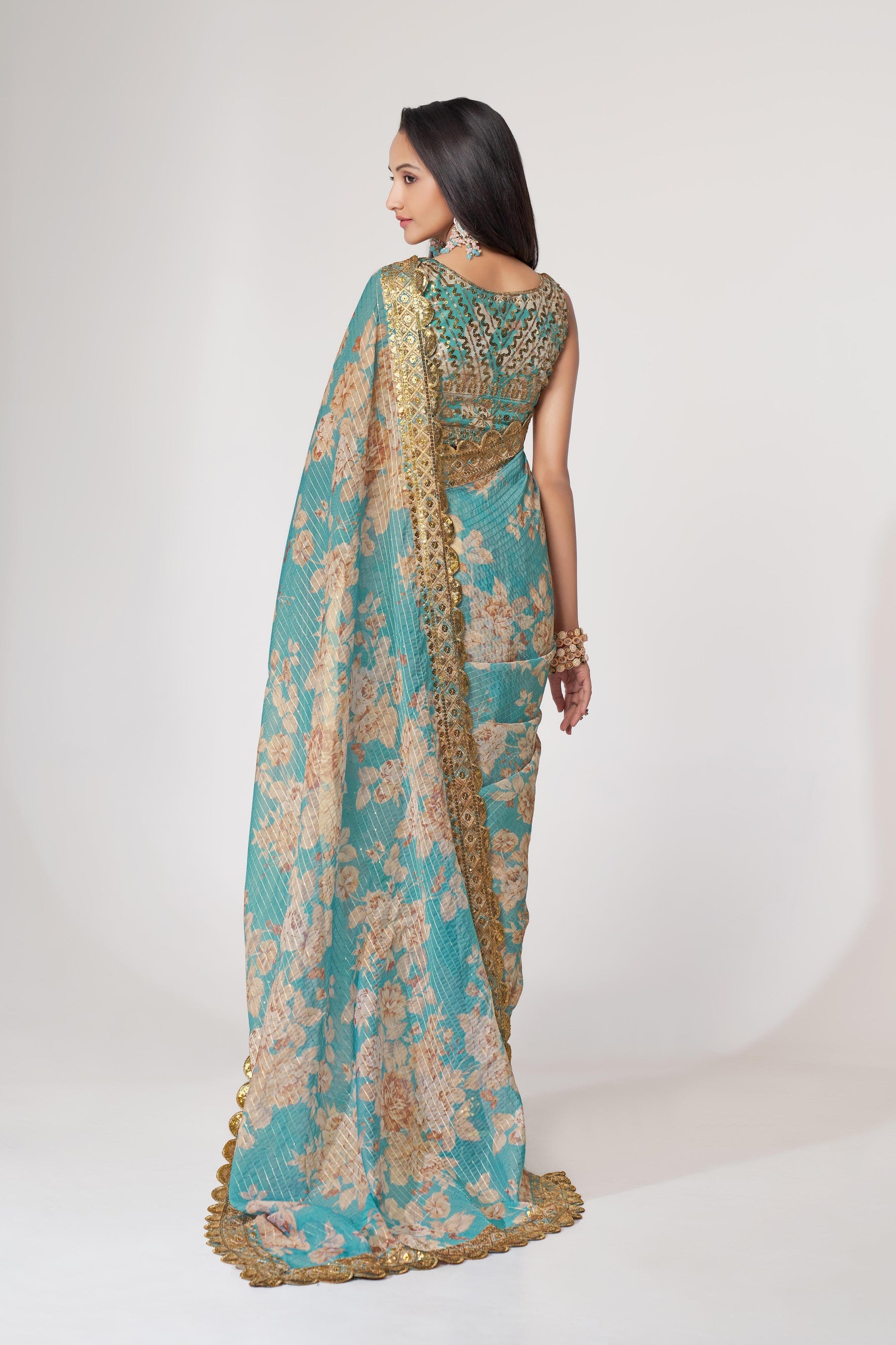Sky Blue Floral Printed Organza Saree With Blouse | 100% Original Saree