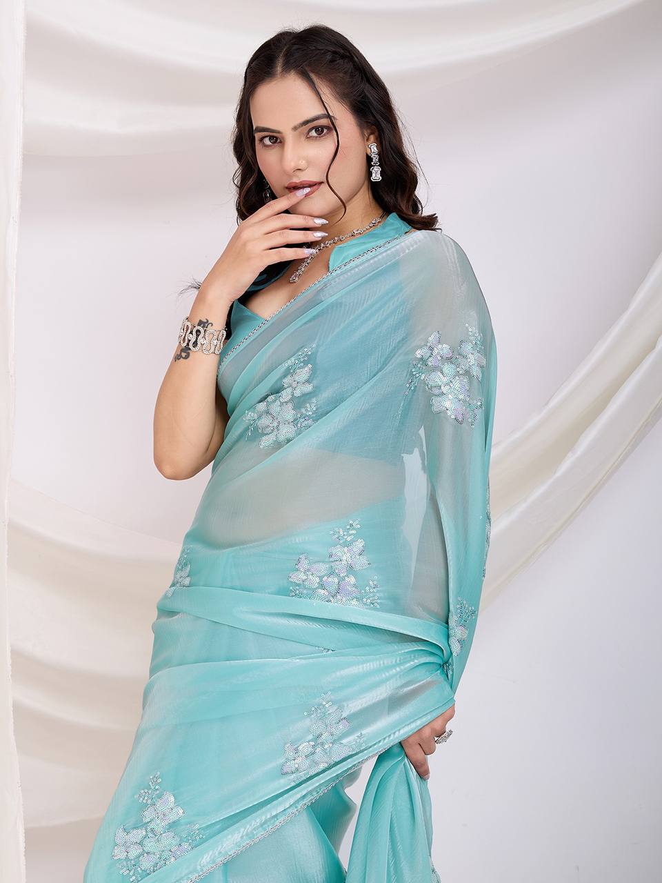 Sky Blue Party Wear Zimmy Choo Silk Saree