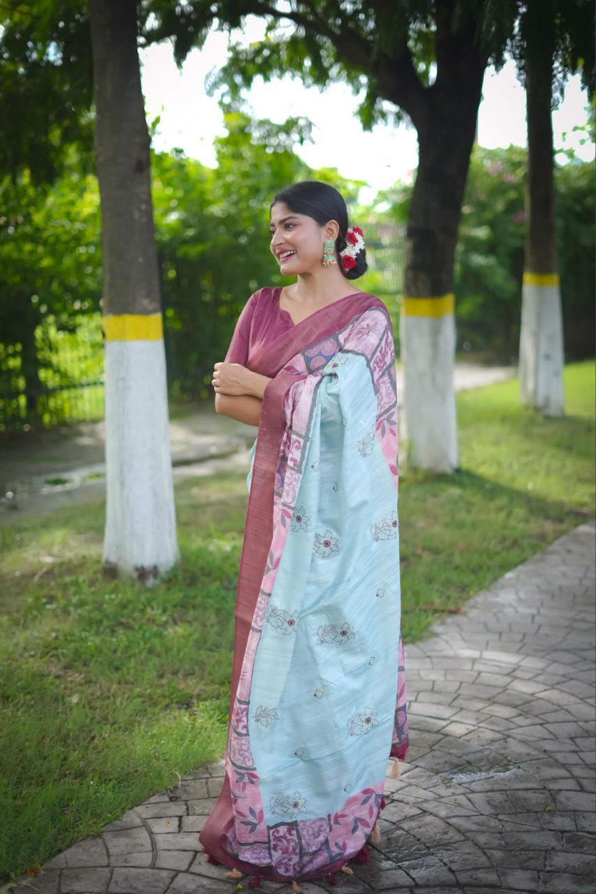 Sky Blue Stylish Tussar Silk Saree