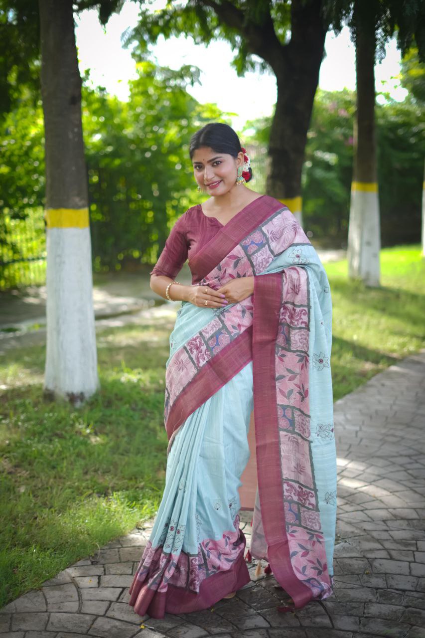 Sky Blue Stylish Tussar Silk Saree