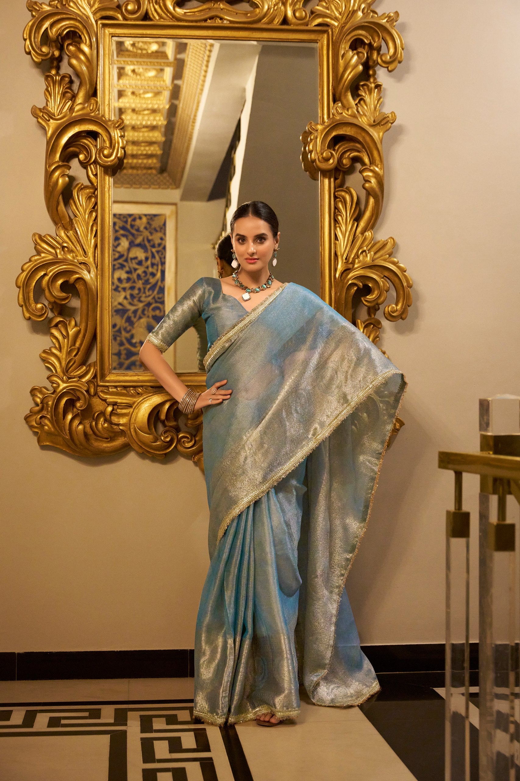 Sky Blue Wedding Wear Tissue Shimmer Saree