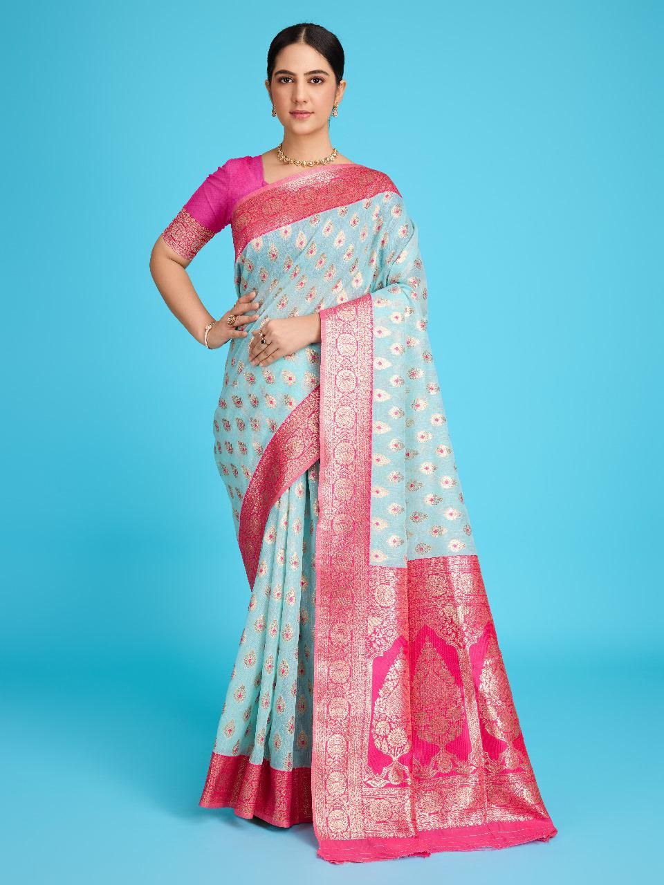 Sky Pure Linen Banarasi Silk Saree