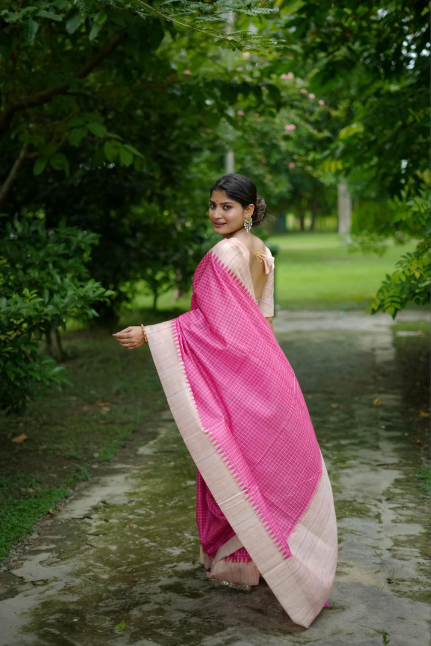 Pink Traditional Tussar Silk Saree