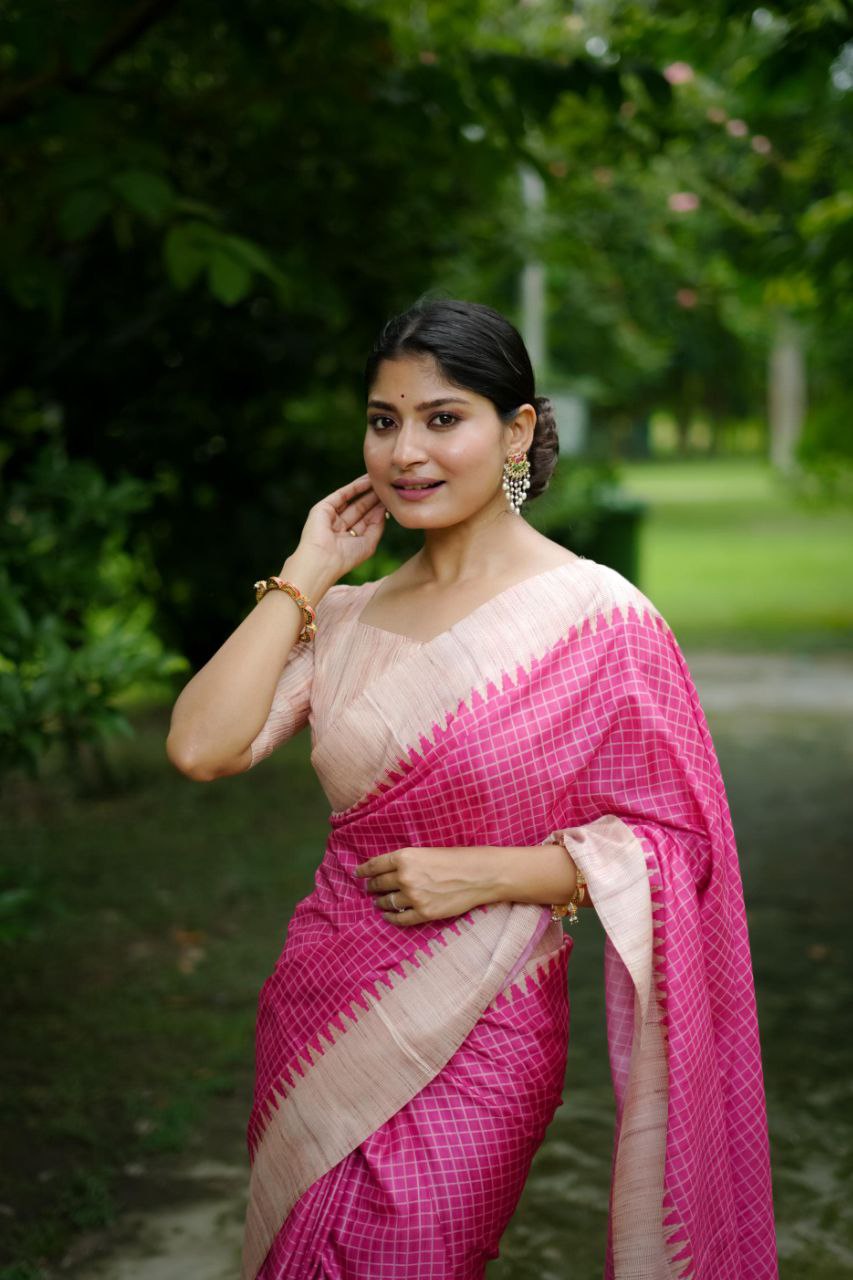 Pink Traditional Tussar Silk Saree