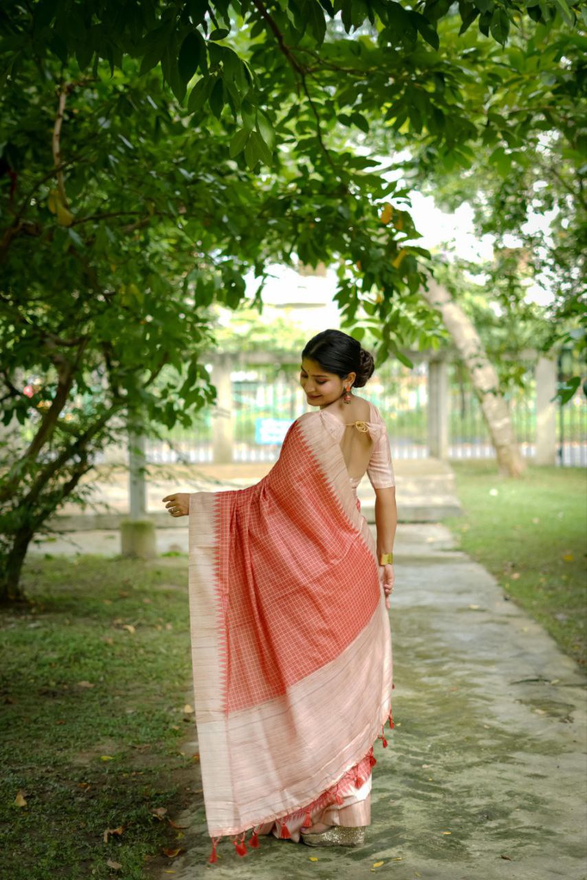 Orange Traditional Tussar Silk Saree