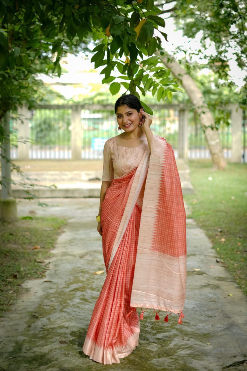 Orange Traditional Tussar Silk Saree