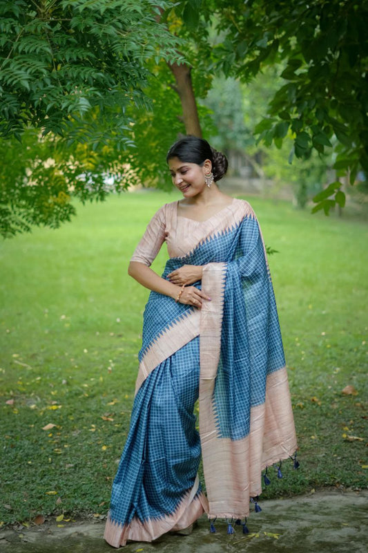 Teal Traditional Tussar Silk Saree