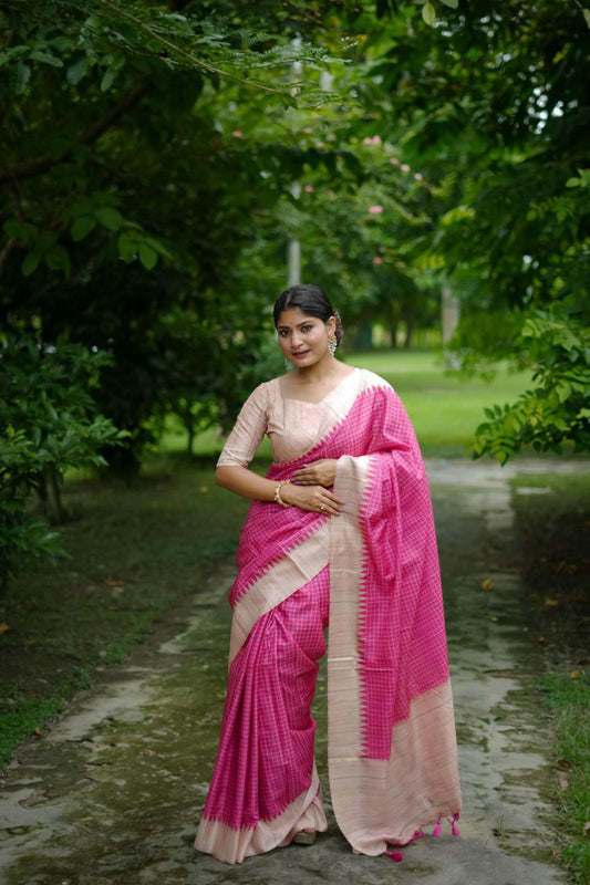 Pink Traditional Tussar Silk Saree