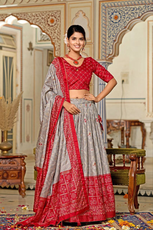 Gray Traditional Wedding Wear Silk Lehenga