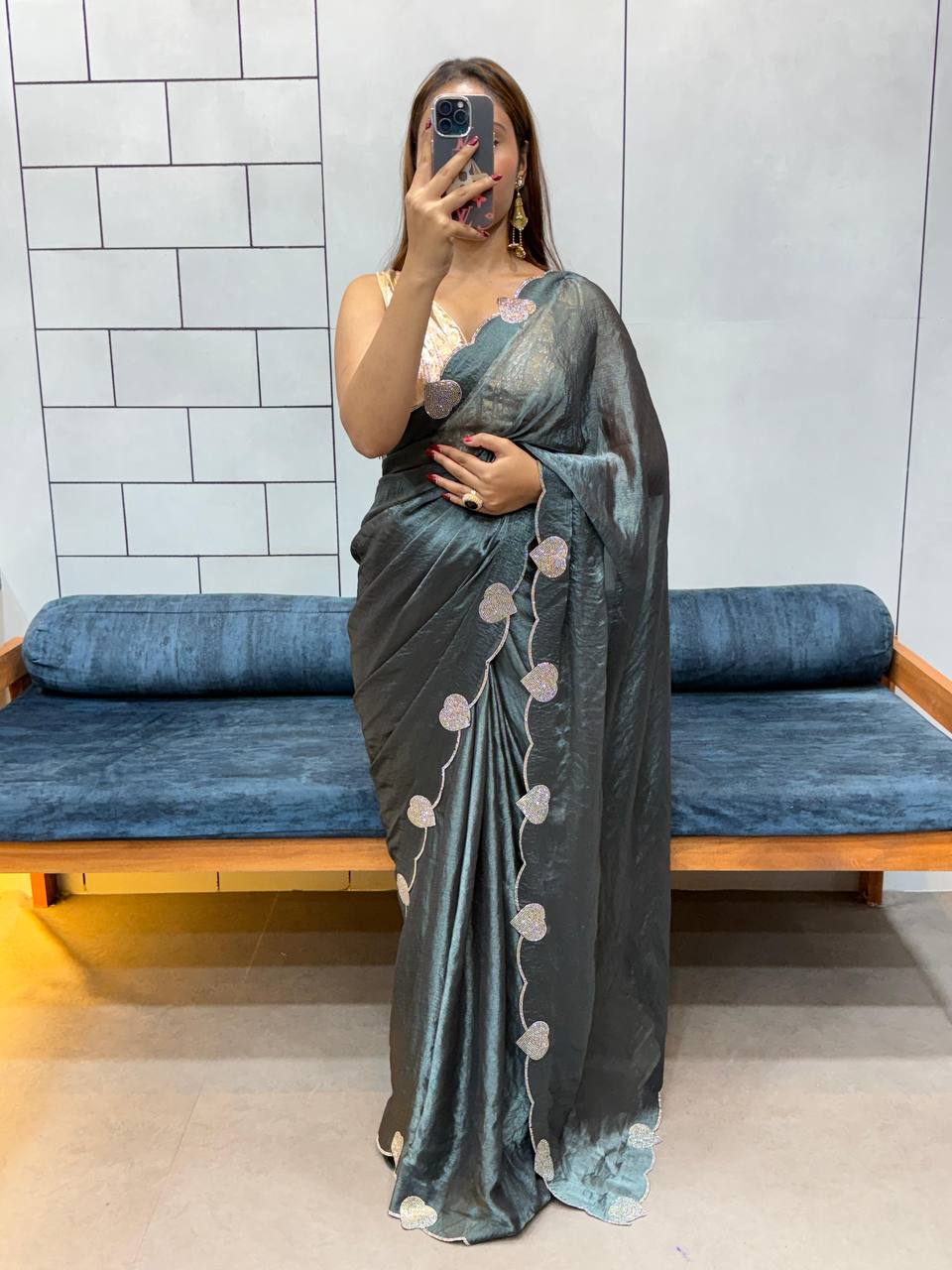 Slate Grey Diamond Work Space Silk Saree