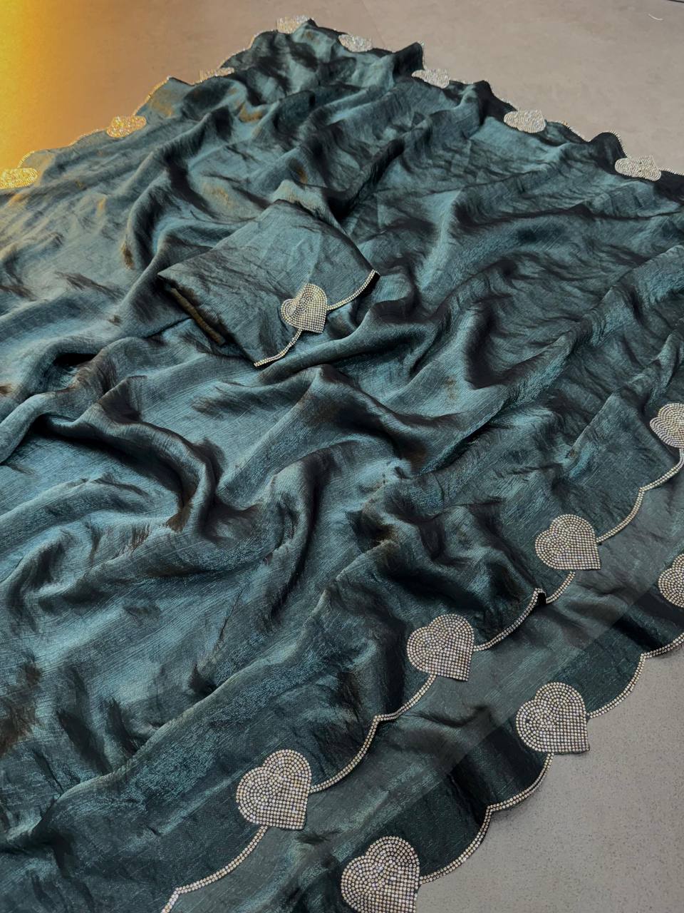 Slate Grey Diamond Work Space Silk Saree