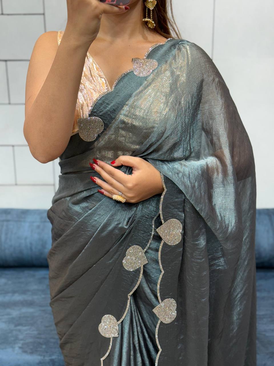 Slate Grey Diamond Work Space Silk Saree