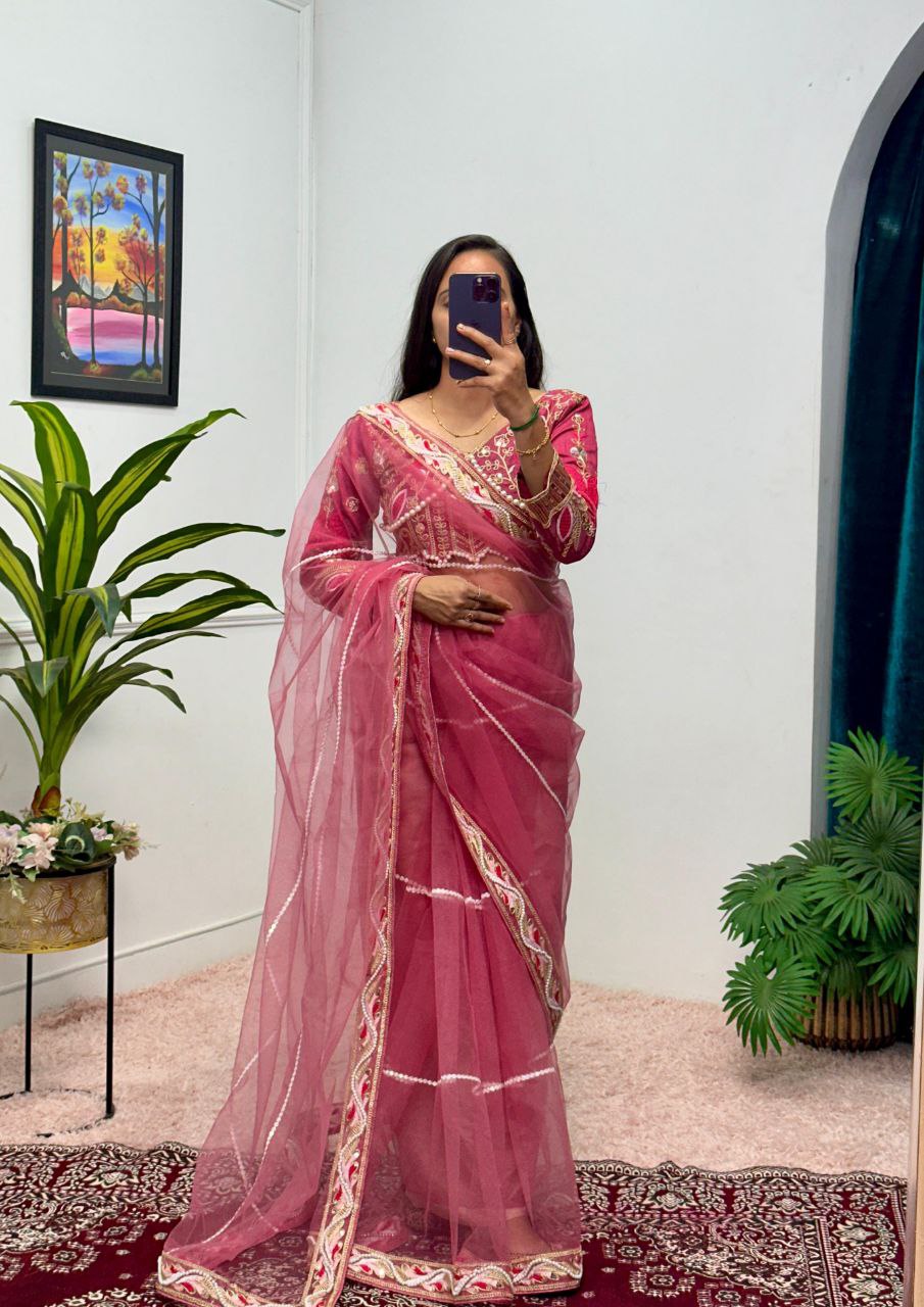 Solid Pink Party Wear Butterfly Net Saree