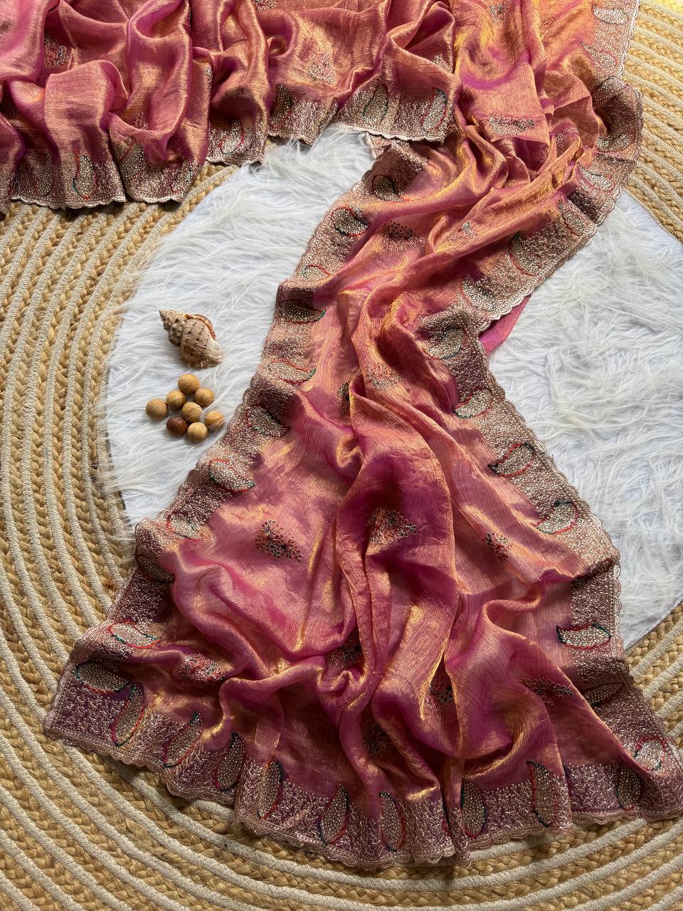 Solid Pink Party Wear Gold Silk Saree