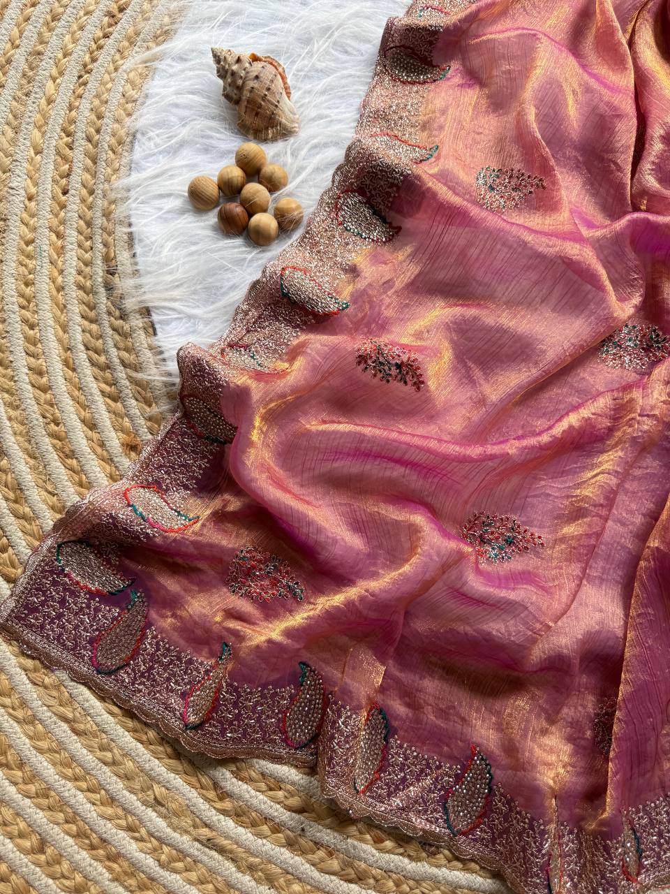 Solid Pink Party Wear Gold Silk Saree