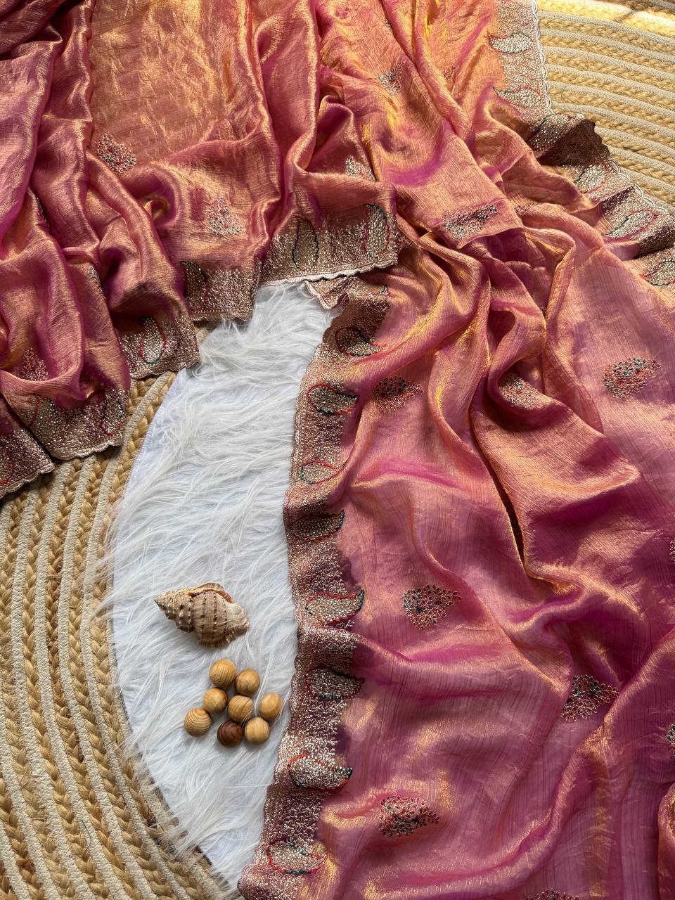 Solid Pink Party Wear Gold Silk Saree