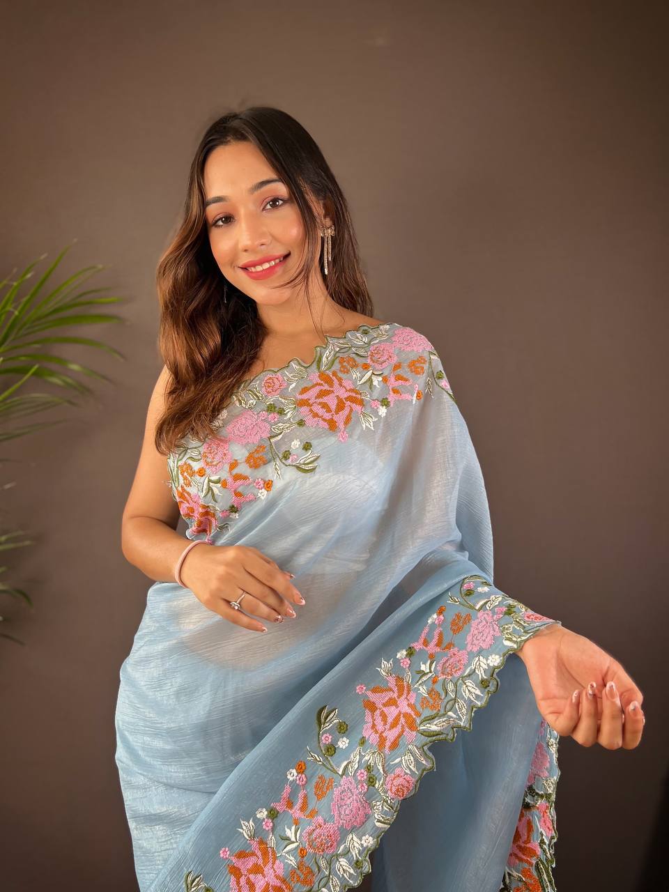 Stylish Gloassy Silk Saree In Sky