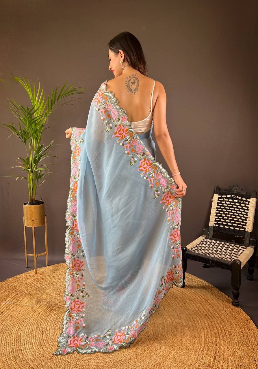 Stylish Gloassy Silk Saree In Sky