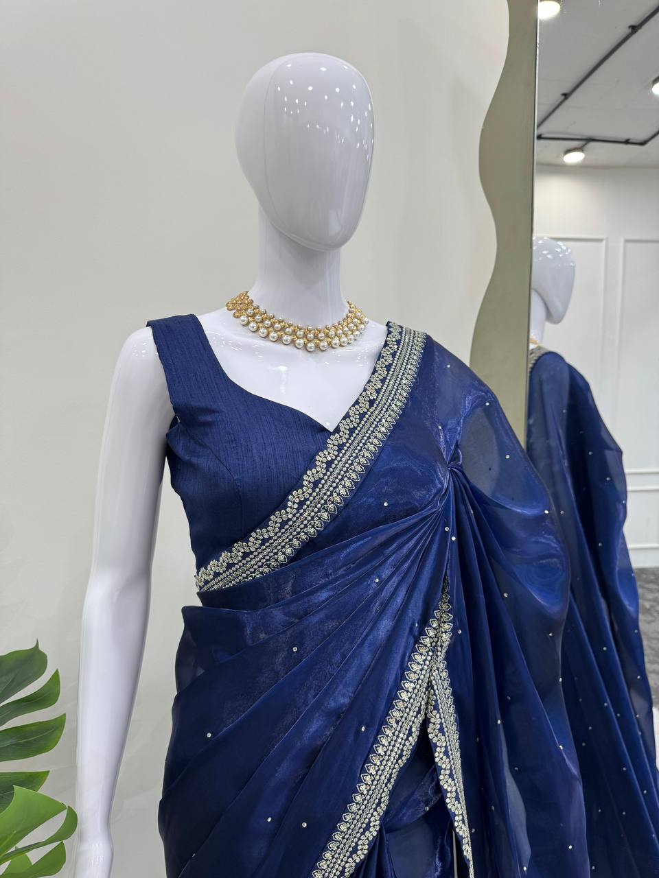 Stylish Navy Blue Organza Silk Saree