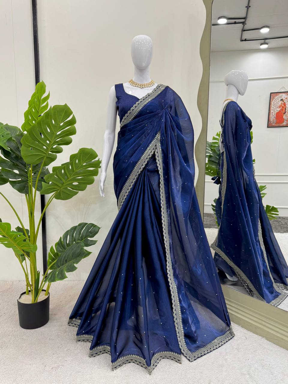 Stylish Navy Blue Organza Silk Saree