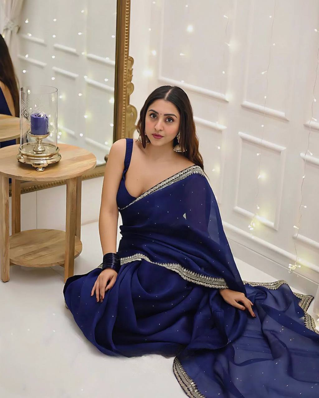 Stylish Navy Blue Organza Silk Saree