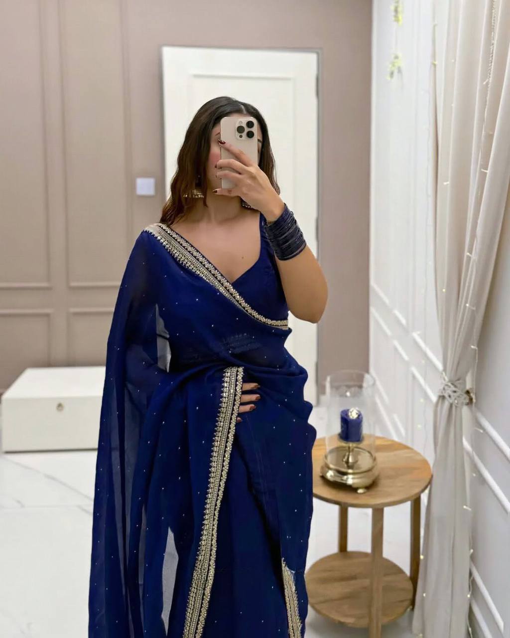 Stylish Navy Blue Organza Silk Saree