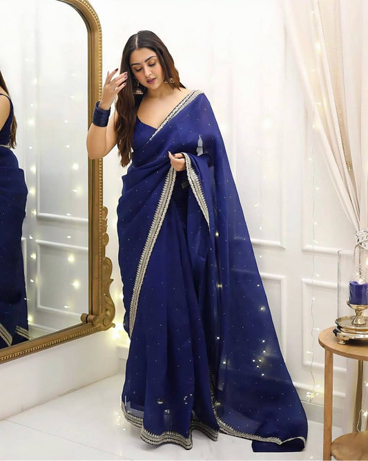 Stylish Navy Blue Organza Silk Saree