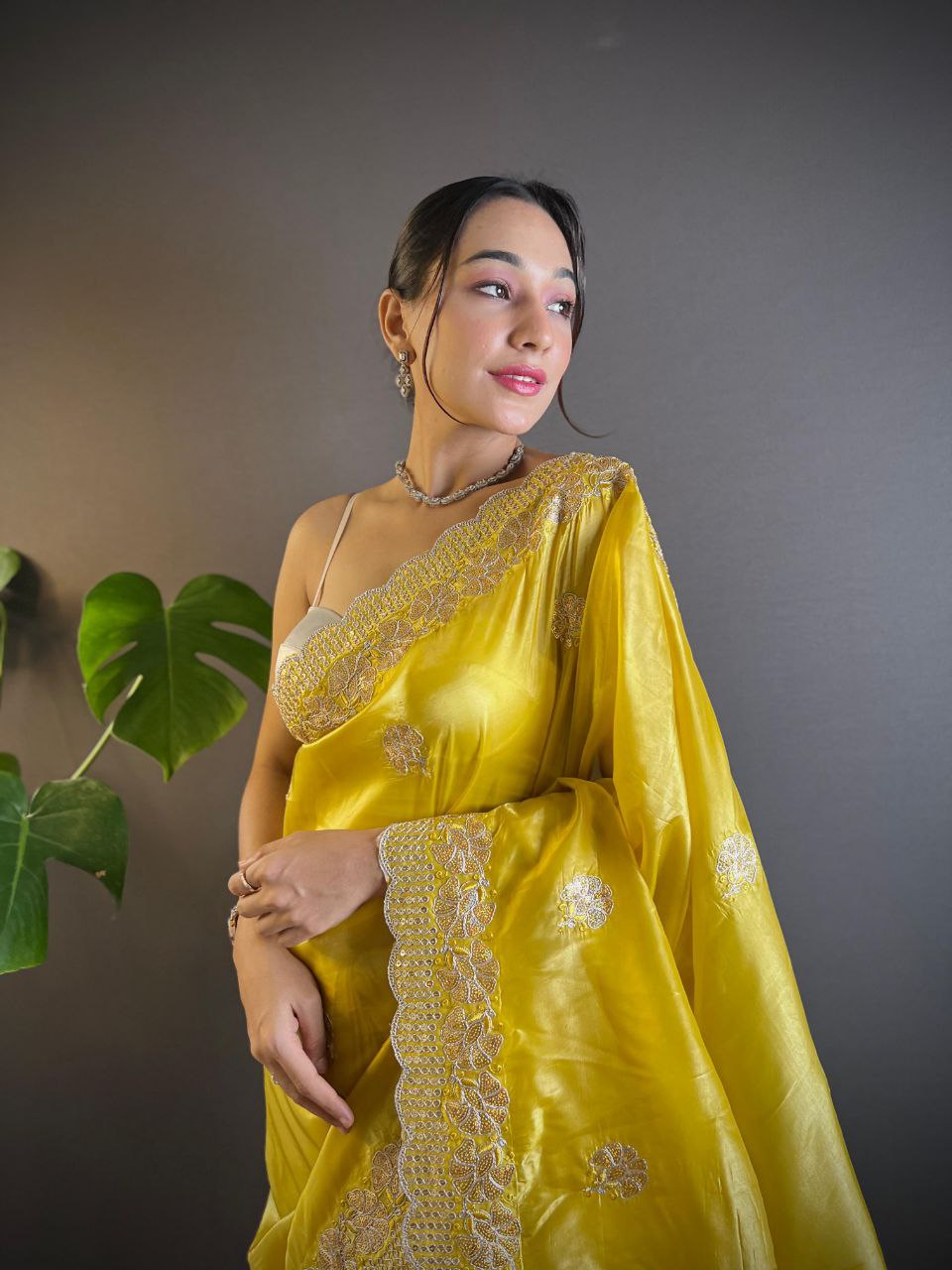 Yellow Stylish Party Wear Gold Crunchy Saree