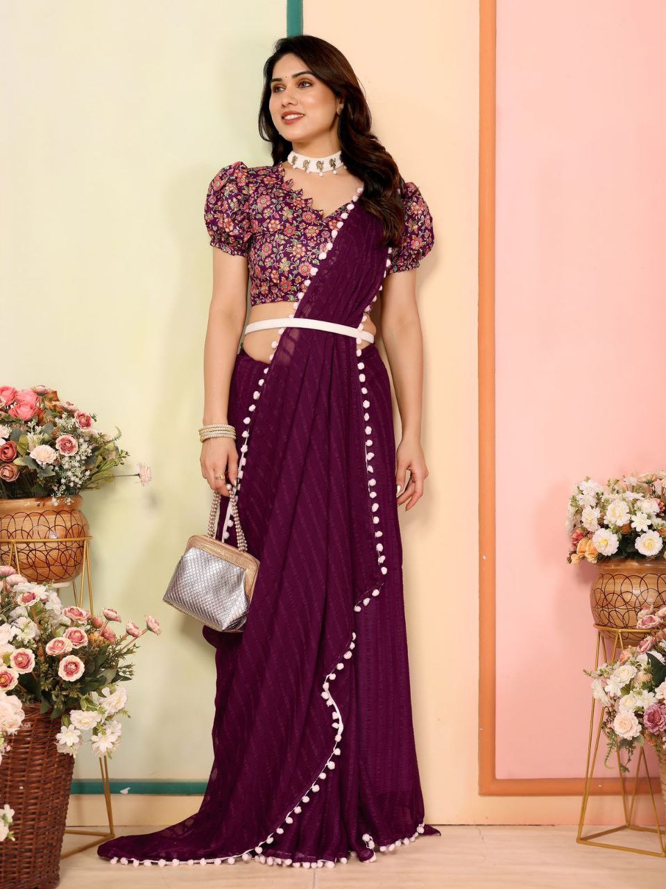 Magenta Stylish Plain Georgette Saree