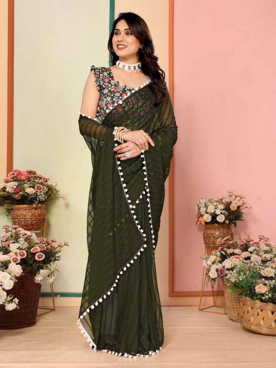 Mehendi Green Stylish Plain Georgette Saree