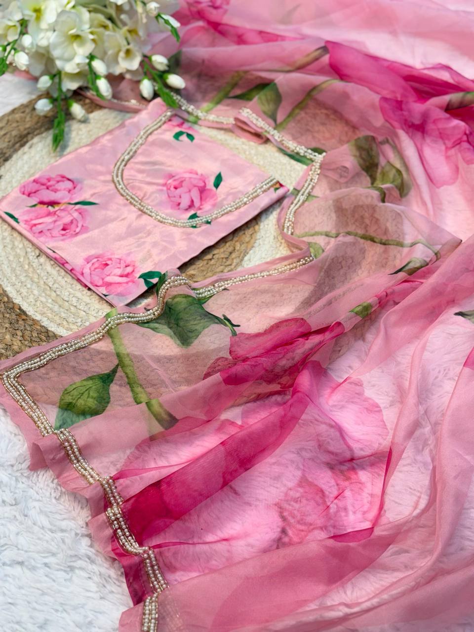 Pink Summer Wear Flower Print Organza Saree