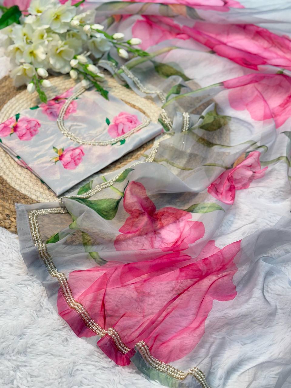 Gray Summer Wear Flower Print Organza Saree