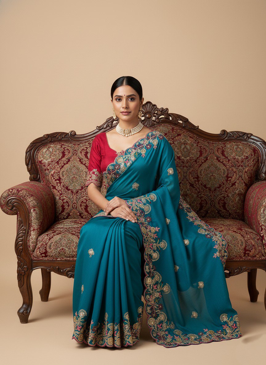 Teal Blue Designer Fandy Chiffon Silk Saree