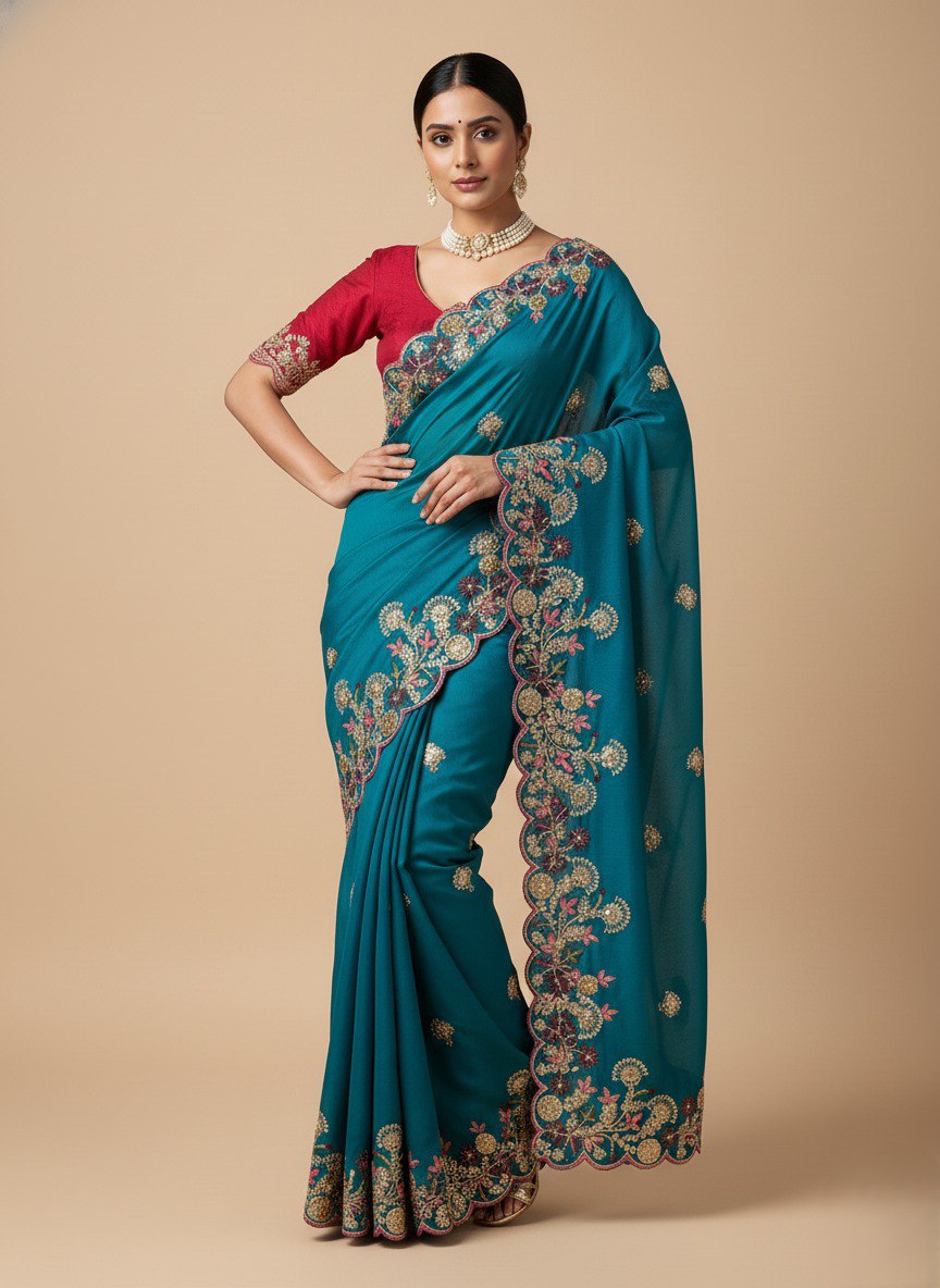Teal Blue Designer Fandy Chiffon Silk Saree