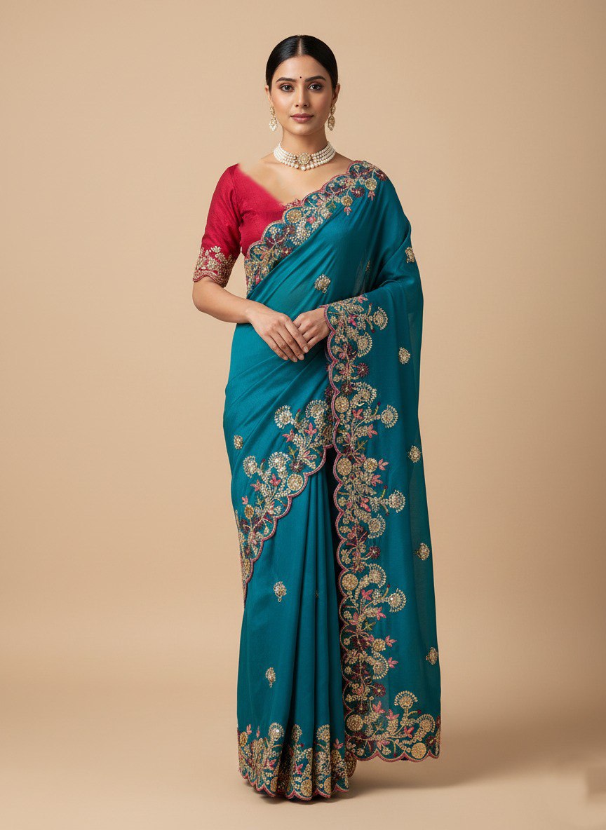 Teal Blue Designer Fandy Chiffon Silk Saree