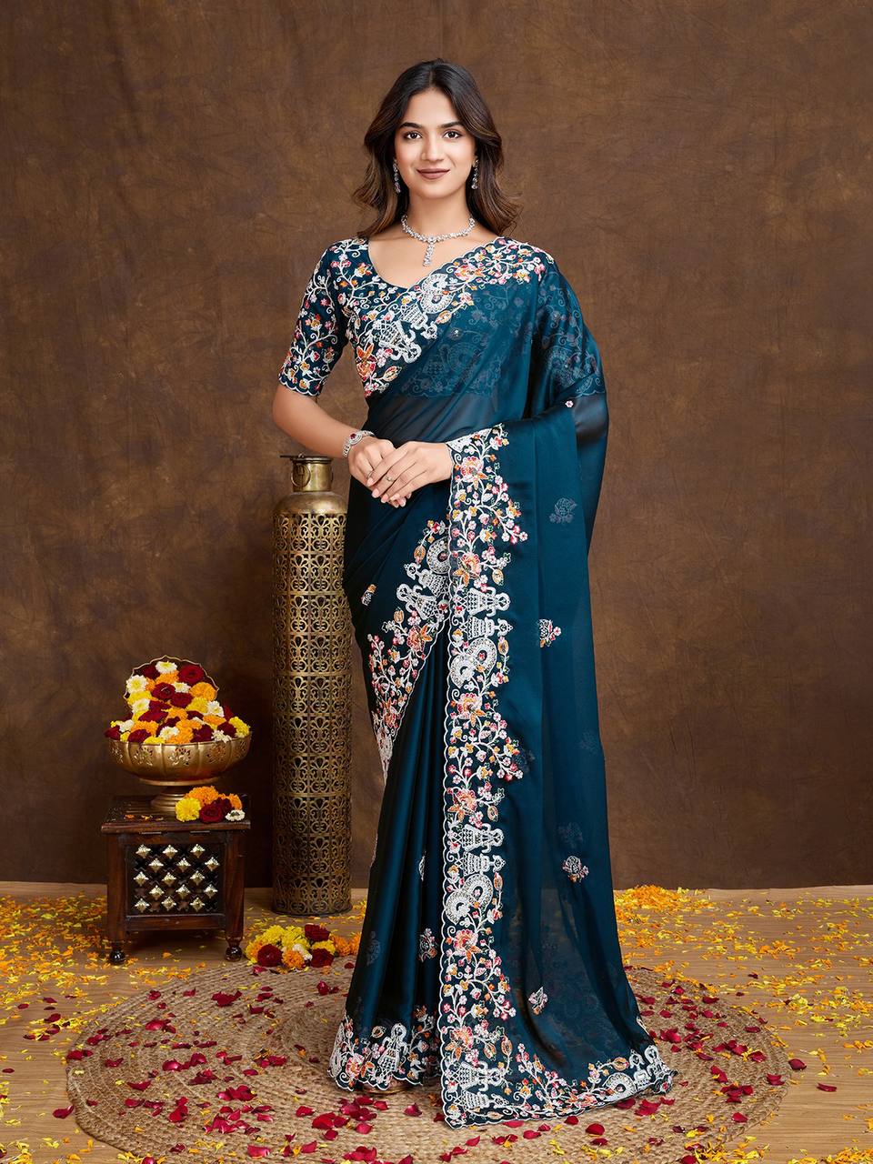 Teal Blue Designer Rangoli Silk Saree