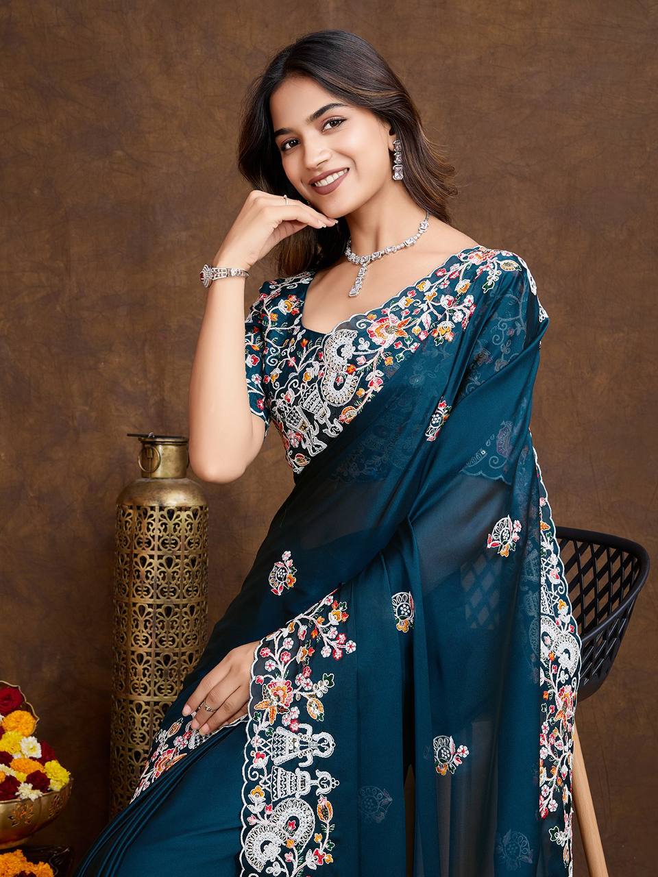 Teal Blue Designer Rangoli Silk Saree