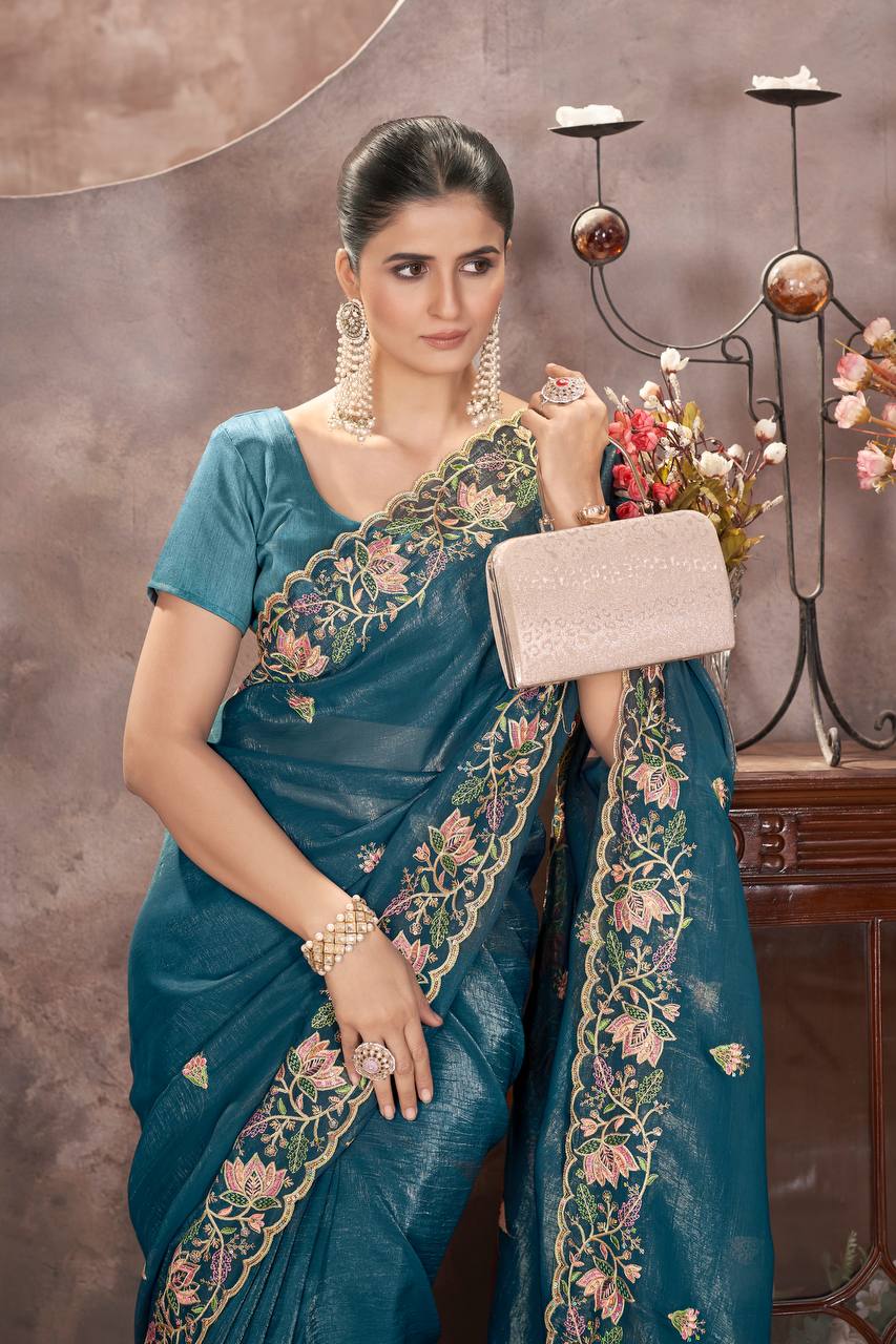 Teal Blue Gold Crunchy Silk Saree