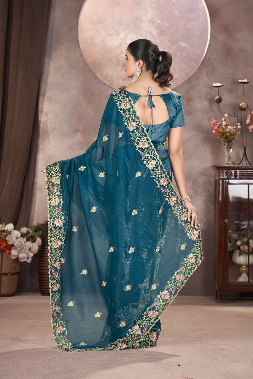 Teal Blue Gold Crunchy Silk Saree