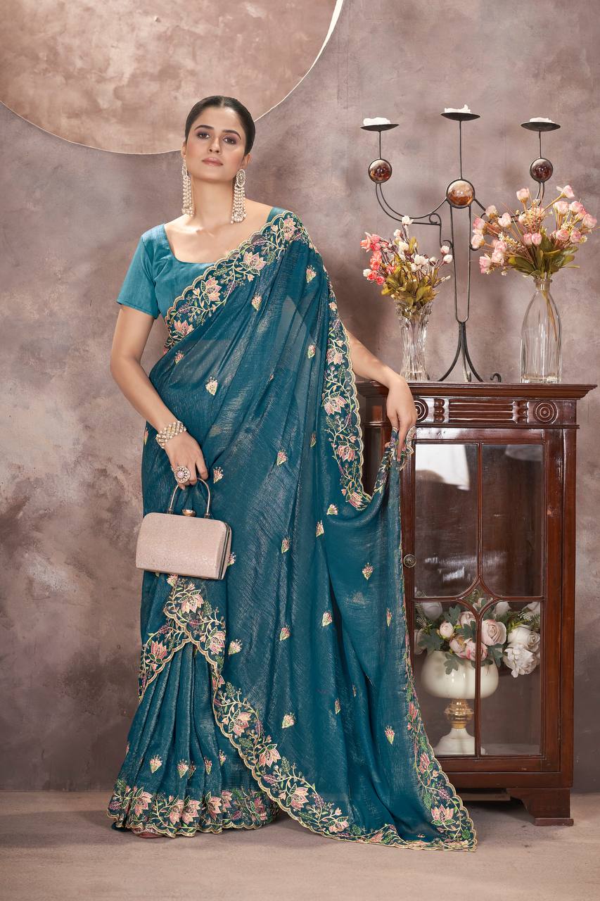 Teal Blue Gold Crunchy Silk Saree